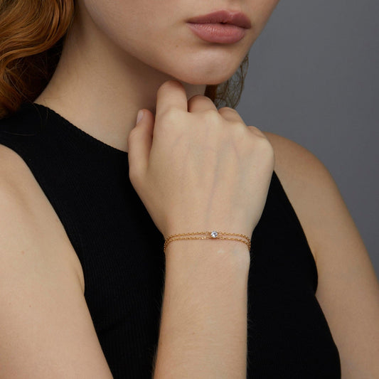 Close detail of the CZ Diamond Bracelet in 18K Gold Vermeil with CZ Diamond. Safe for sensitive skin, premium handmade.