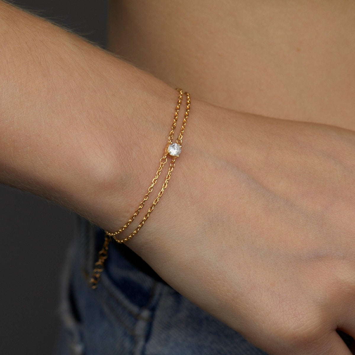 The CZ Diamond Bracelet styled in 18K Gold Vermeil — elegant everyday jewelry. Hypoallergenic, no green marks.