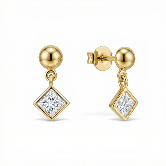 CZ Diamond Solitaire Drop Earrings in 18K Gold Vermeil with CZ Diamond. No green marks, perfect for daily wear.