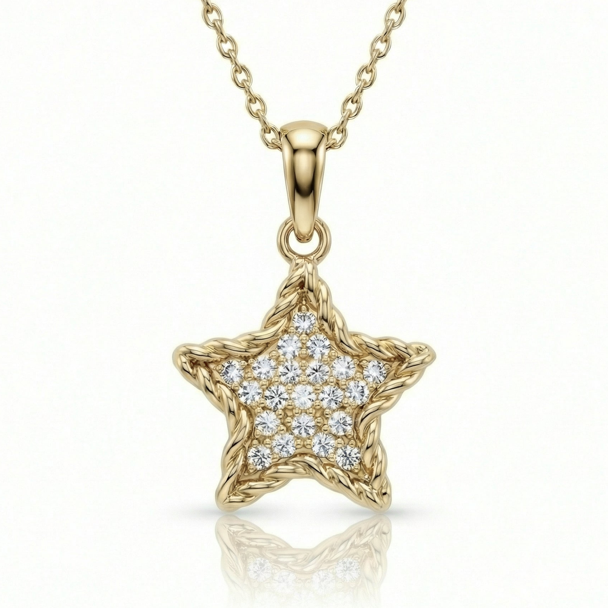 CZ star necklace in 14K solid gold: a five-point star paved in clear CZ with a twisted rope border, on a fine cable chain.