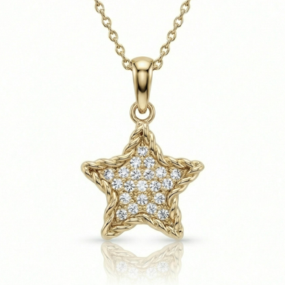 CZ star necklace in 14K solid gold: a five-point star paved in clear CZ with a twisted rope border, on a fine cable chain.