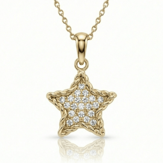 CZ star necklace in 14K solid gold: a five-point star paved in clear CZ with a twisted rope border, on a fine cable chain.