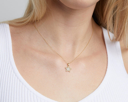 Close detail of the CZ Diamond Star Necklace in 18K Gold Vermeil with CZ Diamond. Safe for sensitive skin, premium handmade.