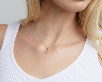 The CZ Diamond Star Necklace styled in 18K Gold Vermeil — elegant everyday jewelry. Hypoallergenic, no green marks.