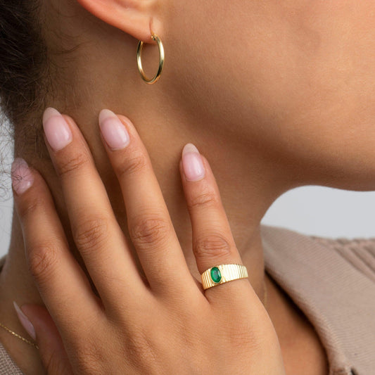 Close detail of the CZ Emerald Ring in 18K Gold Vermeil with Birthstone and CZ Diamond. Hypoallergenic, no green marks.