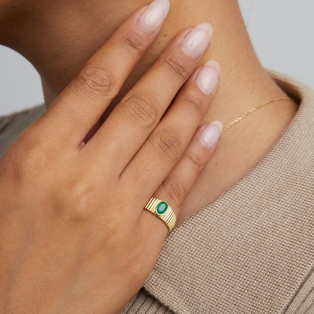 CZ Emerald Ring in Glamour Jewelry House gift box — 18K Gold Vermeil anniversary gift. Hypoallergenic, no green marks.