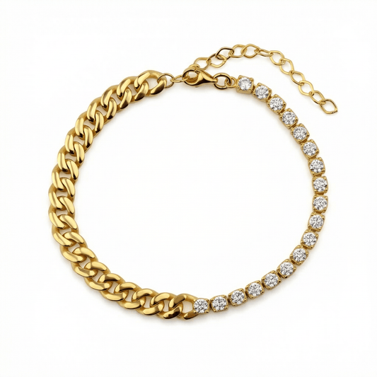 Dainty CZ Tennis Bracelet with Cuban Link in 18K Gold Vermeil with CZ Diamond. Tarnish-resistant, perfect for daily wear.