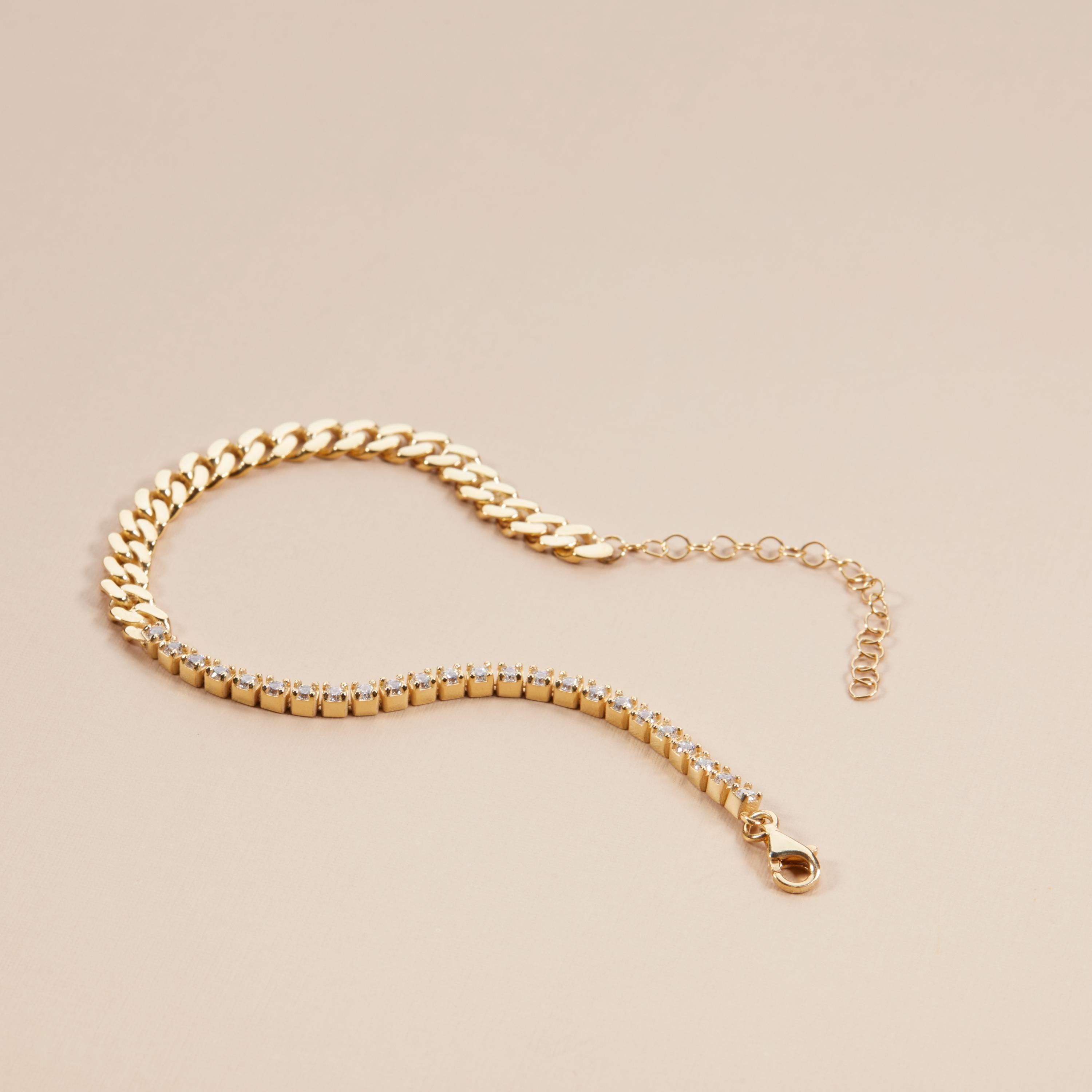 The Dainty CZ Tennis Bracelet with Cuban Link worn in 18K Gold Vermeil — refined accessory for women. Safe for sensitive.