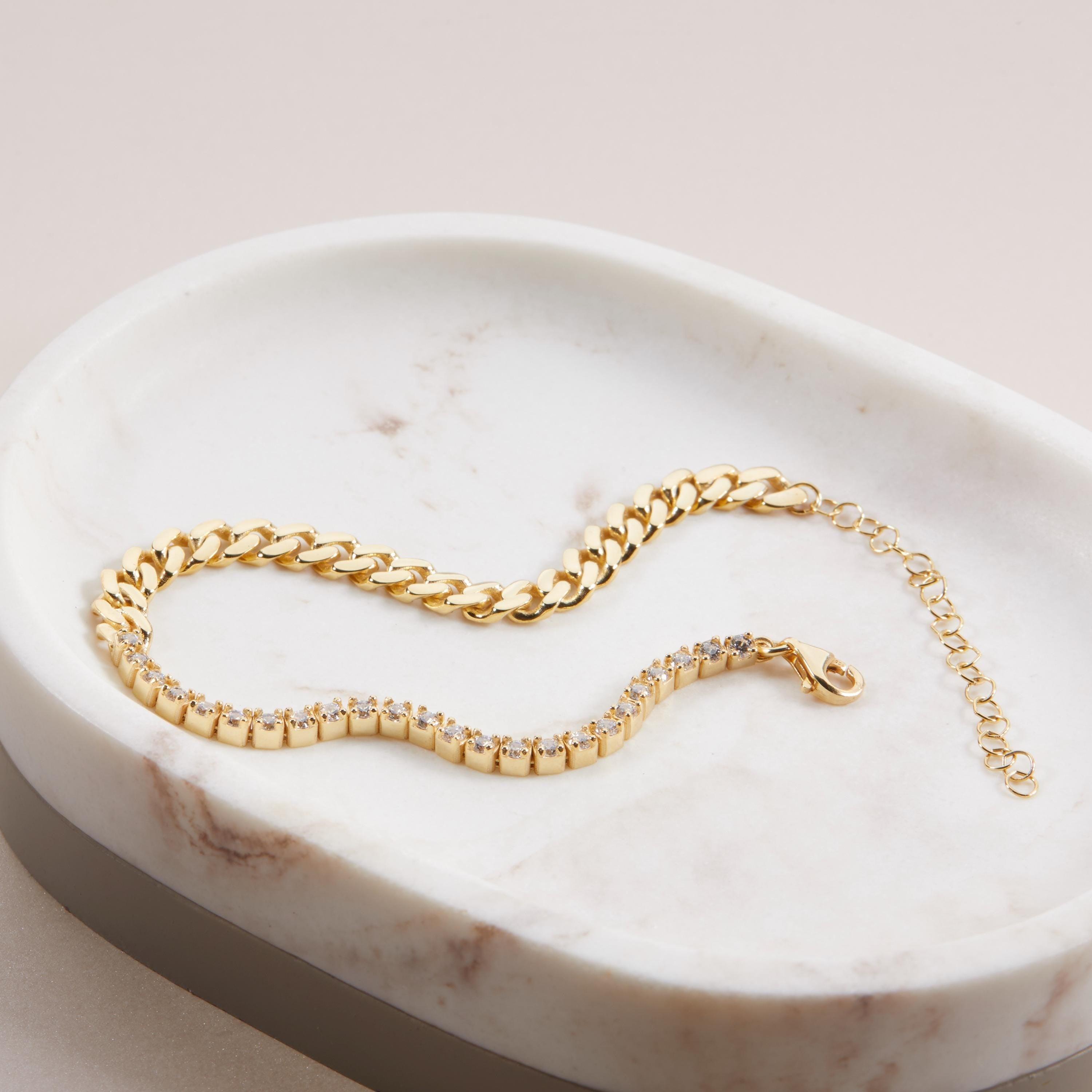 Dainty CZ Tennis Bracelet with Cuban Link in Glamour Jewelry House gift box — 18K Gold Vermeil anniversary gift.