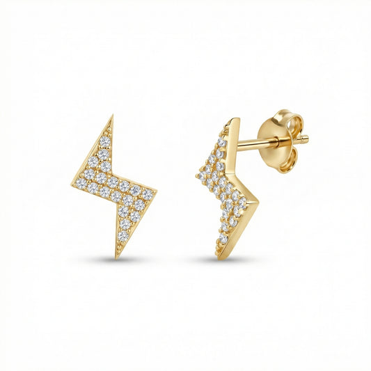 Dainty Lightning Bolt Stud Earrings in 18K Gold Vermeil. No green marks, perfect for daily wear.