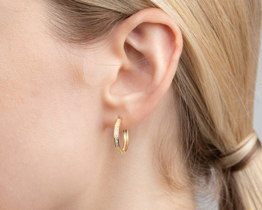 Close detail of the Dainty Pavé Hoop Earrings in 18K Gold Vermeil with CZ Diamond. Tarnish-resistant, premium handmade.