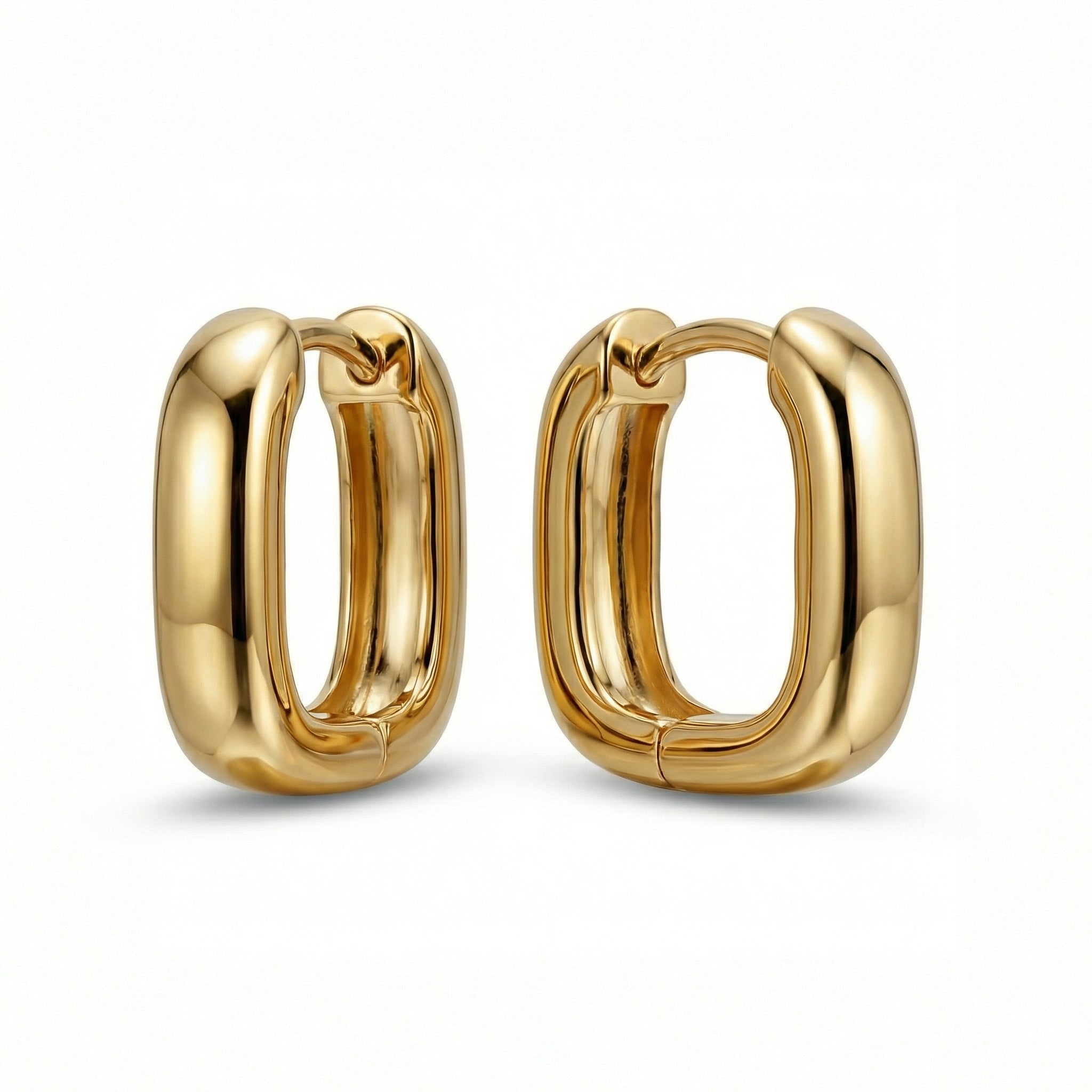 Dainty Square Huggie Hoop Earrings in 18K Gold Vermeil. No green marks, perfect for daily wear.