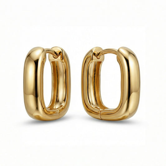 Dainty Square Huggie Hoop Earrings in 18K Gold Vermeil. No green marks, perfect for daily wear.