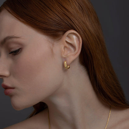 Dainty Square Huggie Hoop Earrings in Glamour Jewelry House gift box — 18K Gold Vermeil graduation gift. No green marks.