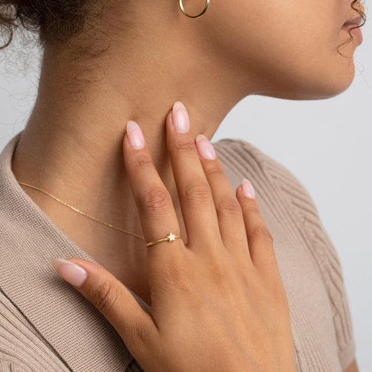 Close detail of the Dainty Star Pavé Ring in 18K Gold Vermeil with CZ Diamond. Hypoallergenic, no green marks, premium.