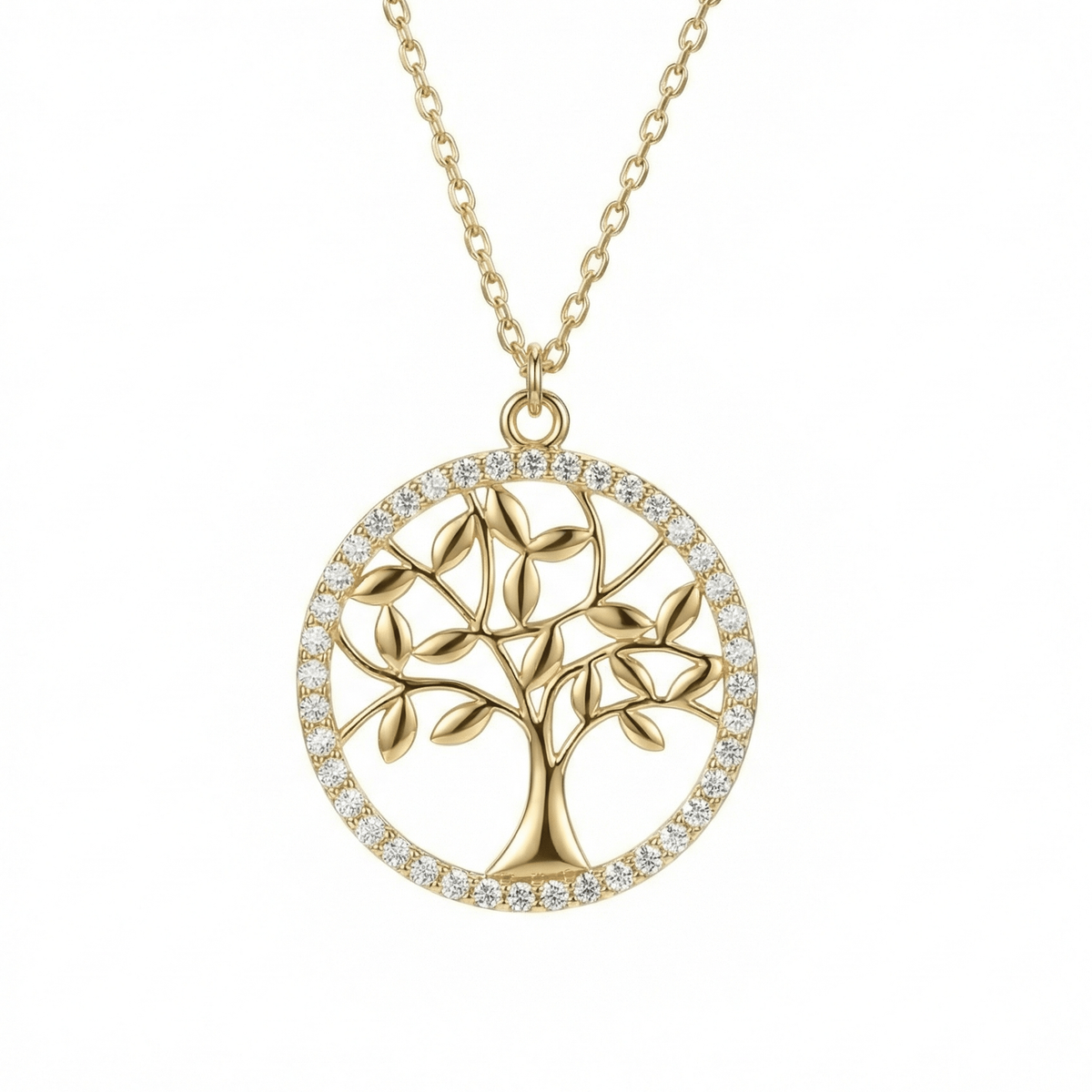 Tree of life pendant necklace in 14K solid gold: an open-work tree inside a round frame lined with clear CZ stones.