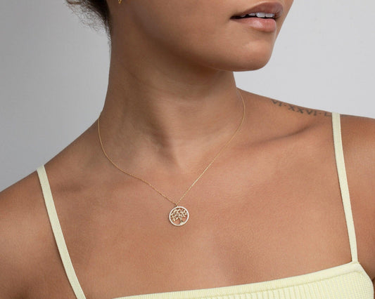 Close detail of the Dainty Tree of Life Necklace in 18K Gold Vermeil. Safe for sensitive skin, premium handmade jewelry.