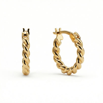Dainty Twisted Hoop Earrings in 18K Gold Vermeil. No green marks, perfect for daily wear.
