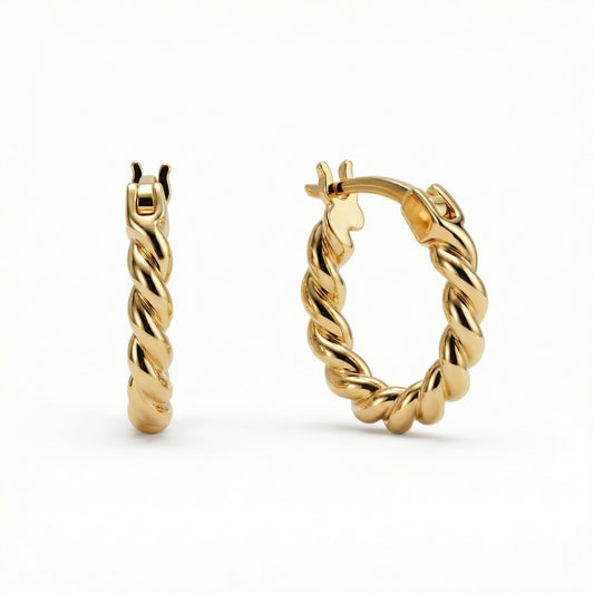 Dainty Twisted Hoop Earrings in 18K Gold Vermeil. No green marks, perfect for daily wear.