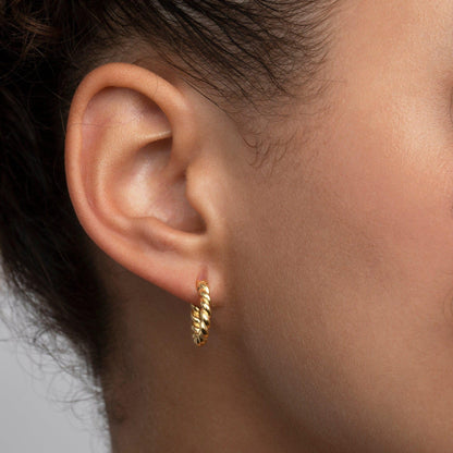 Close detail of the Dainty Twisted Hoop Earrings in 18K Gold Vermeil. Tarnish-resistant, premium handmade jewelry.