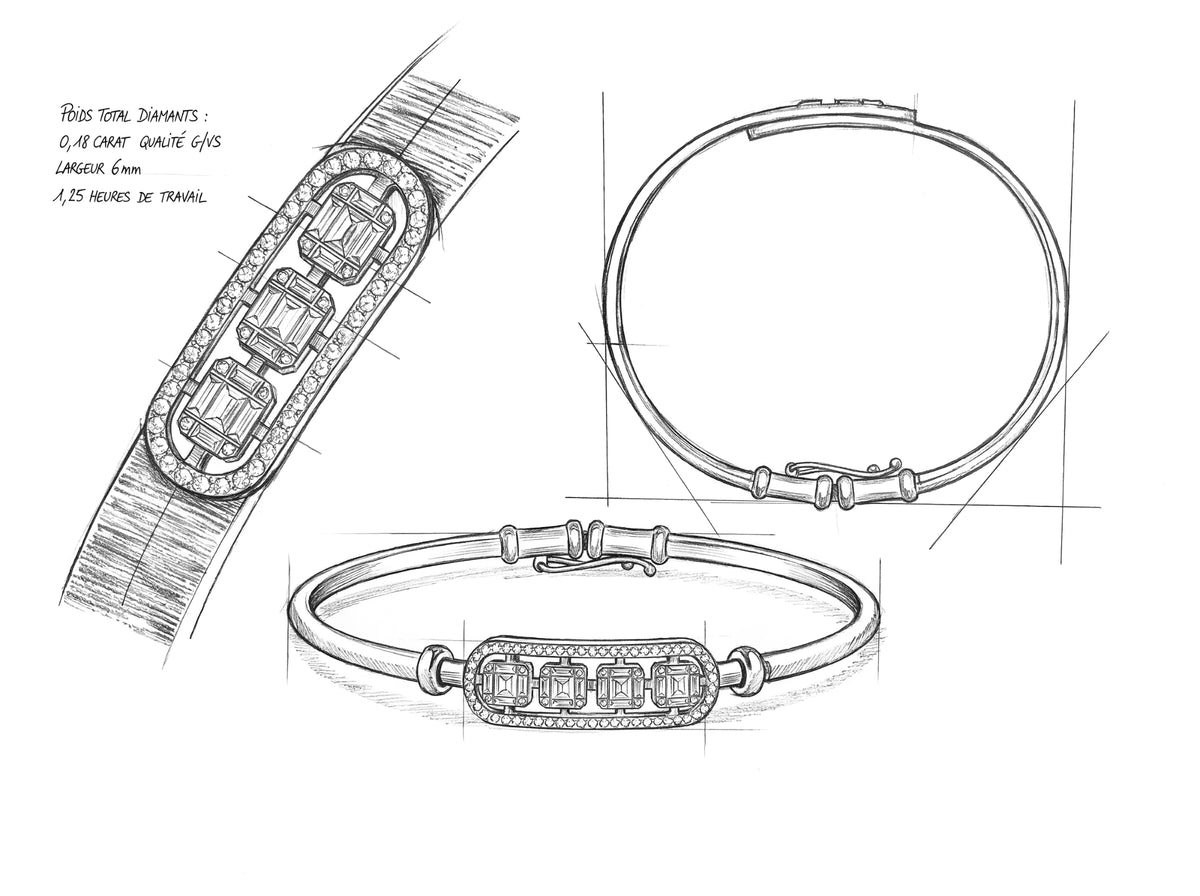 Pencil design sketch of a diamond bangle bracelet with baguette and round diamonds, drawn from three angles