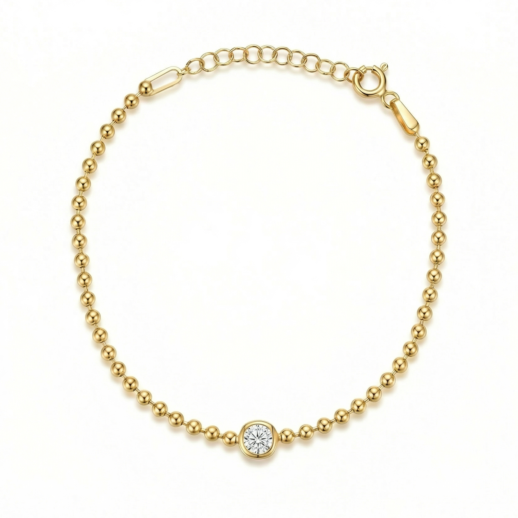 Diamond Bead Chain Bracelet in 18K Gold Vermeil with CZ Diamond. Tarnish-resistant, perfect for daily wear.