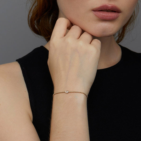 Close detail of the Diamond Bead Chain Bracelet in 18K Gold Vermeil with CZ Diamond. Safe for sensitive skin, premium.