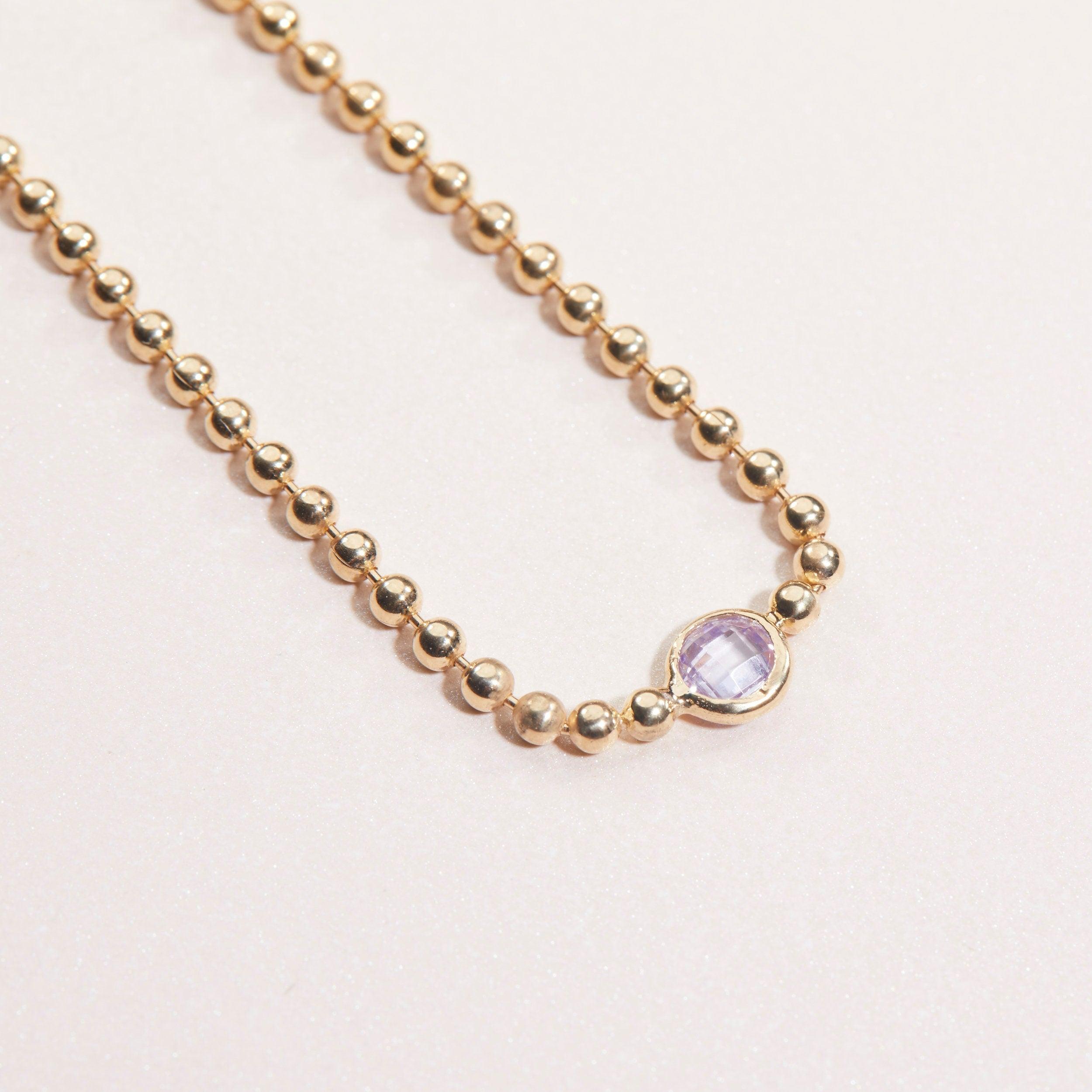 Macro detail of the Diamond Bead Chain Bracelet: CZ Diamond set in 18K Gold Vermeil. Tarnish-resistant, handmade jewelry.