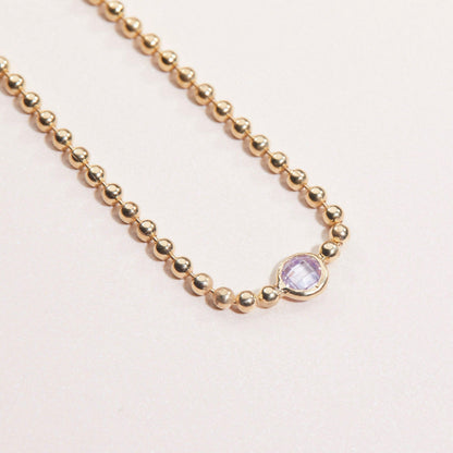 Macro detail of the Diamond Bead Chain Bracelet: CZ Diamond set in 18K Gold Vermeil. Tarnish-resistant, handmade jewelry.