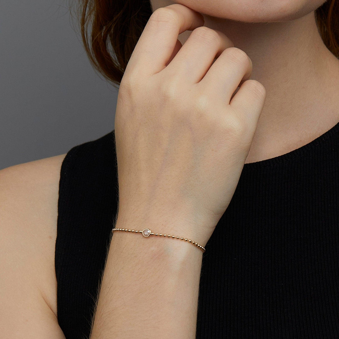 Diamond Bead Chain Bracelet as a thoughtful birthday gift in 18K Gold Vermeil with CZ Diamond. Hypoallergenic, no green.