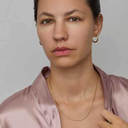 Diamond Cut Cable Chain Necklace worn with a silk blouse — minimalist gold chain necklace.