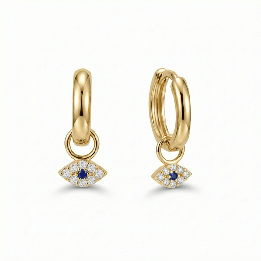 Diamond Evil Eye Hoop Earrings in 18K Gold Vermeil with CZ Diamond. No green marks, perfect for daily wear.