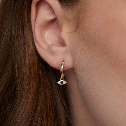 Close detail of the Diamond Evil Eye Hoop Earrings in 18K Gold Vermeil with CZ Diamond. Tarnish-resistant, premium handmade.