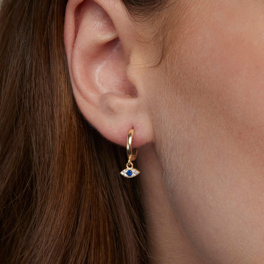 Close detail of the Diamond Evil Eye Hoop Earrings in 18K Gold Vermeil with CZ Diamond. Tarnish-resistant, premium handmade.