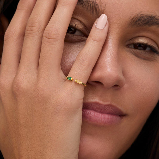 Close detail of the Double Baguette Birthstone Personalized Ring in 18K Gold Vermeil with Birthstone. Hypoallergenic, no.