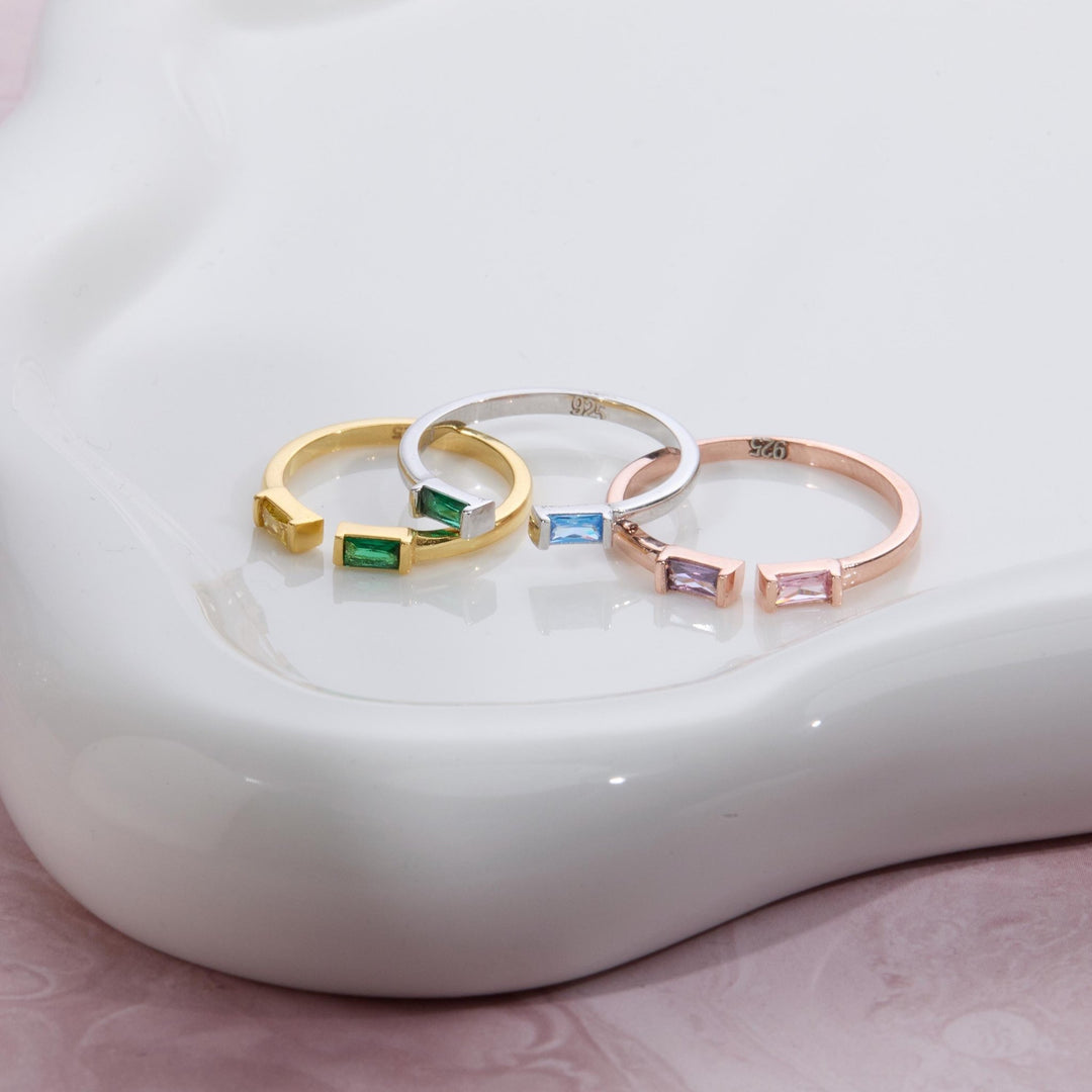 Double Baguette Birthstone Personalized Ring styled with complementary pieces in 18K Gold Vermeil. Tarnish-resistant.