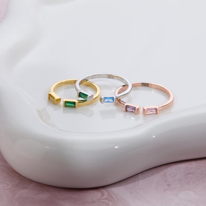 Double Baguette Birthstone Personalized Ring styled with complementary pieces in 18K Gold Vermeil. Tarnish-resistant.