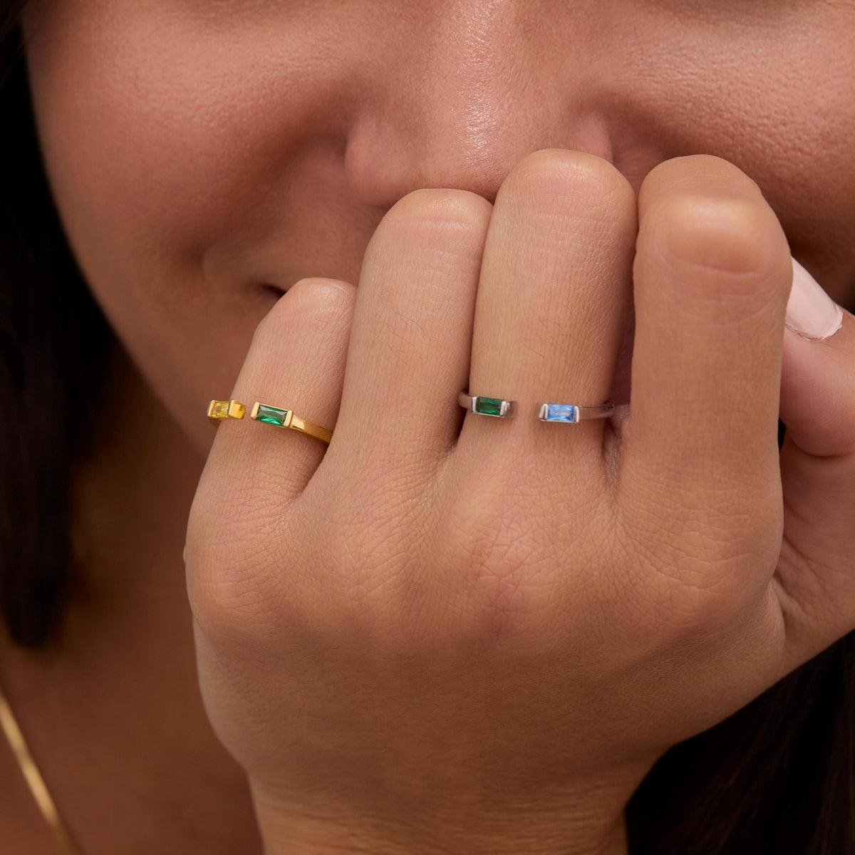 The Double Baguette Birthstone Personalized Ring worn in 18K Gold Vermeil — refined accessory for women. Hypoallergenic, no.
