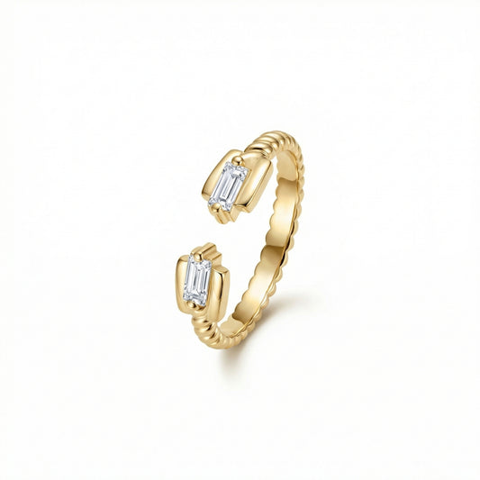 Double Baguette Diamond Ring in 18K Gold Vermeil with CZ Diamond. Tarnish-resistant, perfect for daily wear.