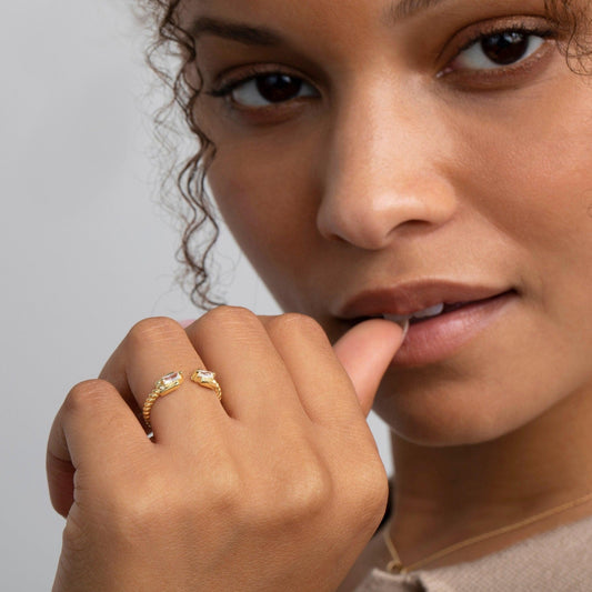 Close detail of the Double Baguette Diamond Ring in 18K Gold Vermeil with CZ Diamond. Hypoallergenic, no green marks.