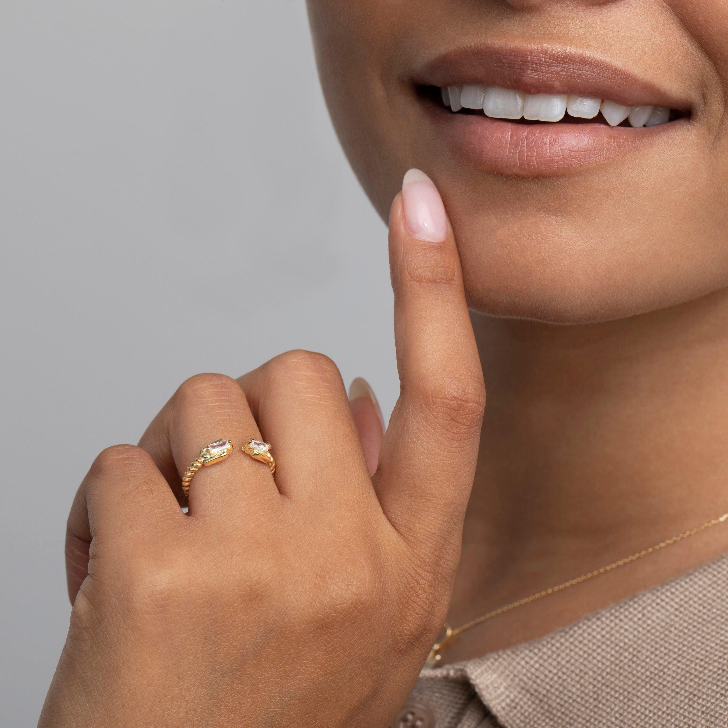 Double Baguette Diamond Ring in Glamour Jewelry House gift box — 18K Gold Vermeil anniversary gift. Hypoallergenic, no.