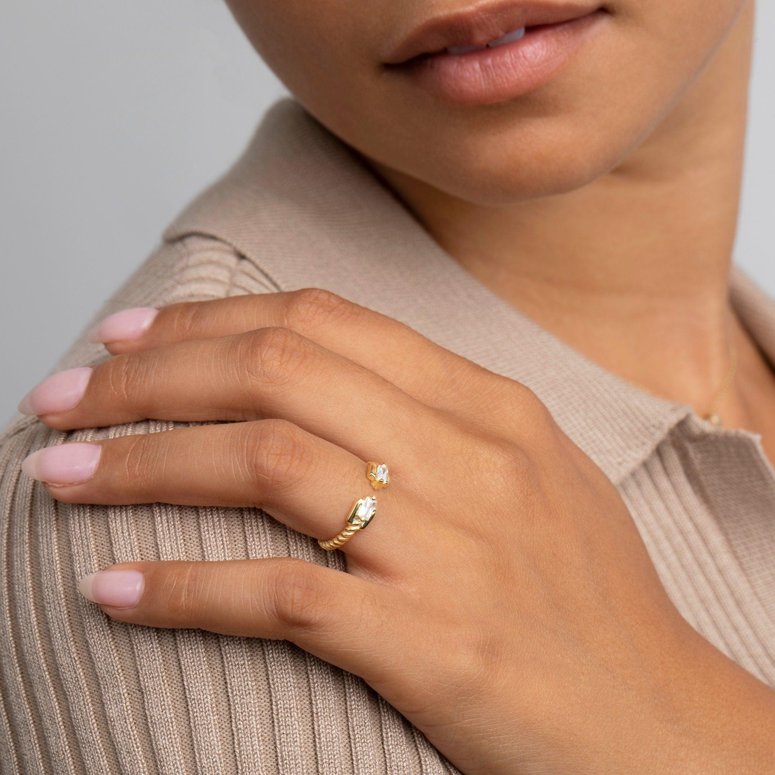 The Double Baguette Diamond Ring as an anniversary gift in 18K Gold Vermeil. Tarnish-resistant, made for keeping.