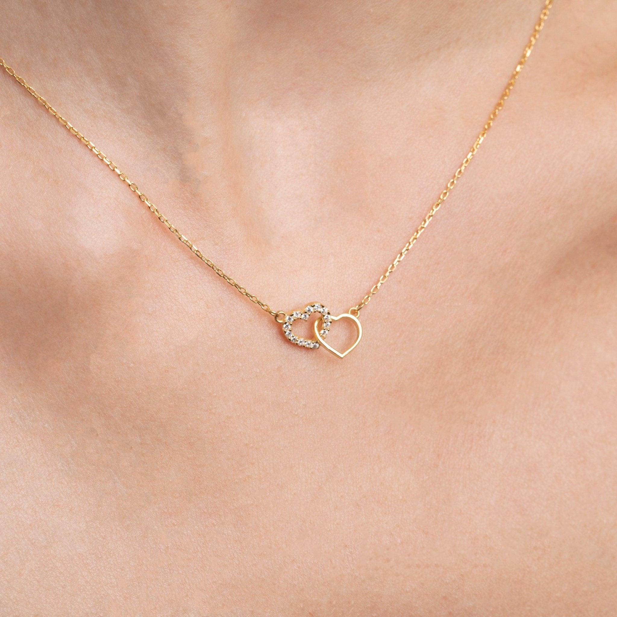 Double Heart Necklace | Twin Gold Heart Pendant Necklace | 18K 