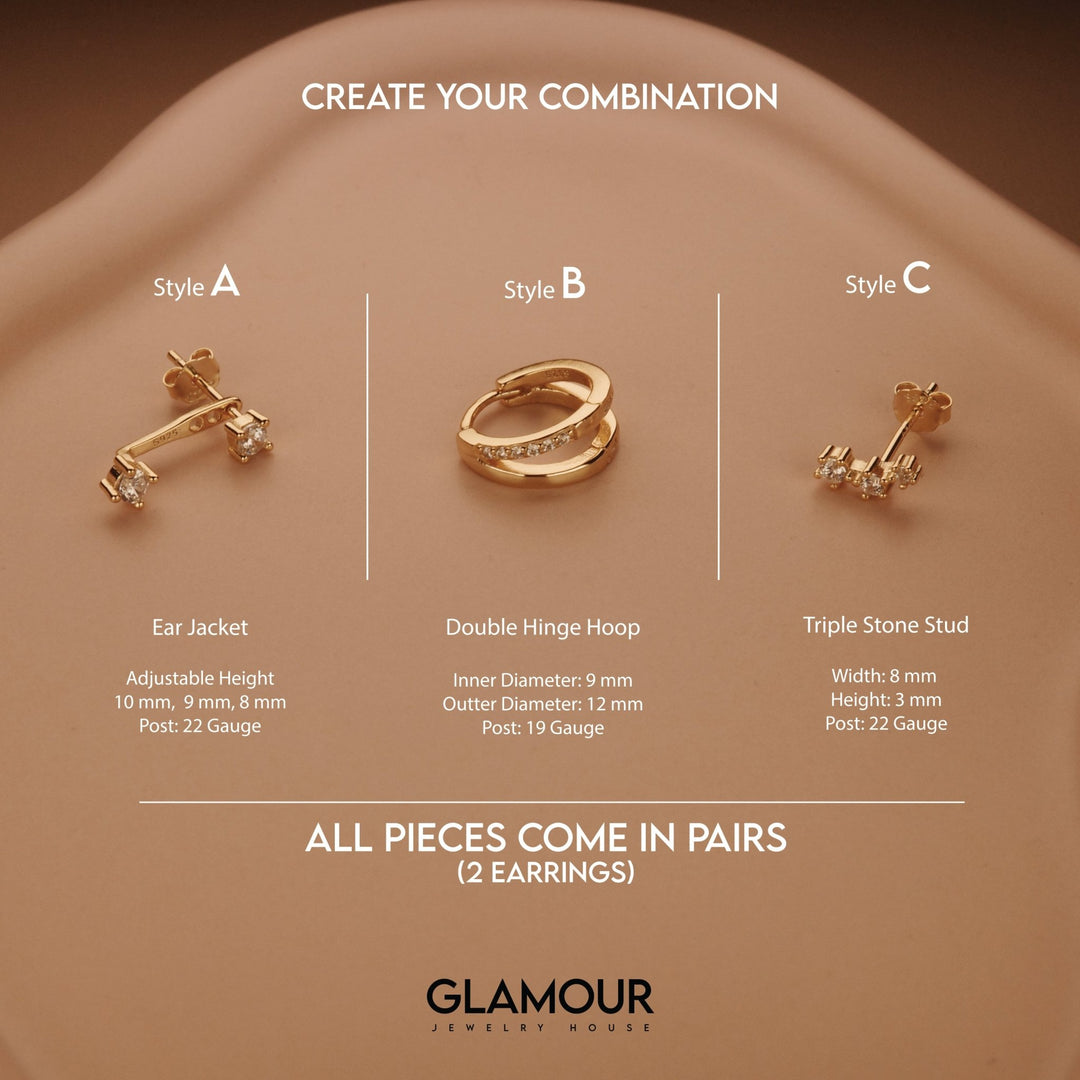 The Double Hinge Hoop Ear Jacket Set styled in 18K Gold Vermeil — elegant everyday jewelry. Hypoallergenic for sensitive.