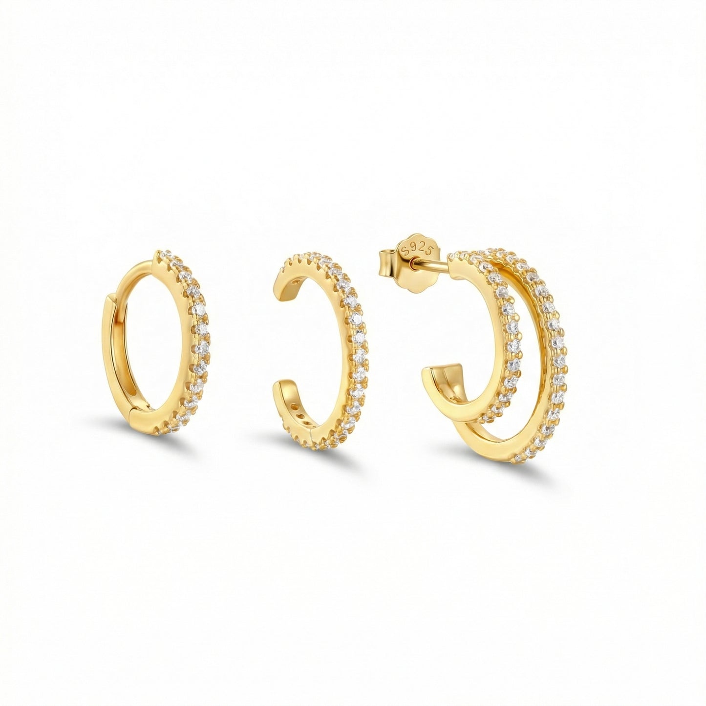 Double Hoop Pavé Earring Set in 18K Gold Vermeil with CZ Diamond. No green marks, perfect for daily wear.