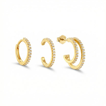 Double Hoop Pavé Earring Set in 18K Gold Vermeil with CZ Diamond. No green marks, perfect for daily wear.