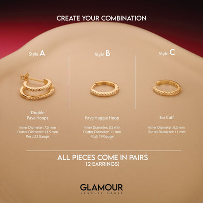 The Double Hoop Pavé Earring Set styled in 18K Gold Vermeil — elegant everyday jewelry. Hypoallergenic for sensitive ears.