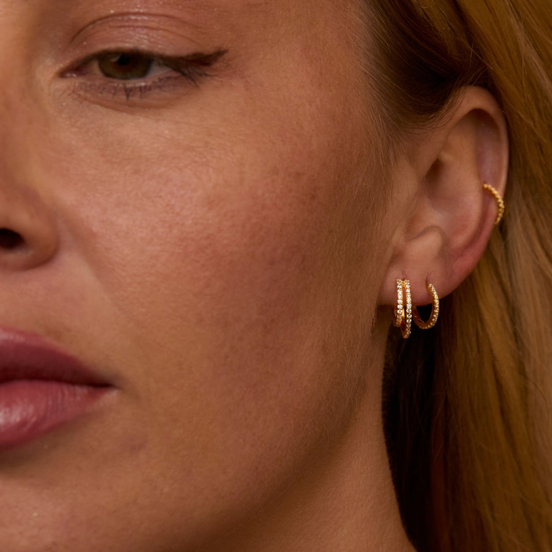 Double Hoop Pavé Earring Set as a thoughtful birthday gift in 18K Gold Vermeil with CZ Diamond. Hypoallergenic.
