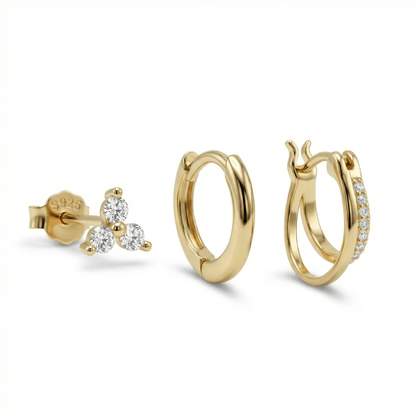Double Hoop Stud Earring Set in 18K Gold Vermeil. No green marks, perfect for daily wear.