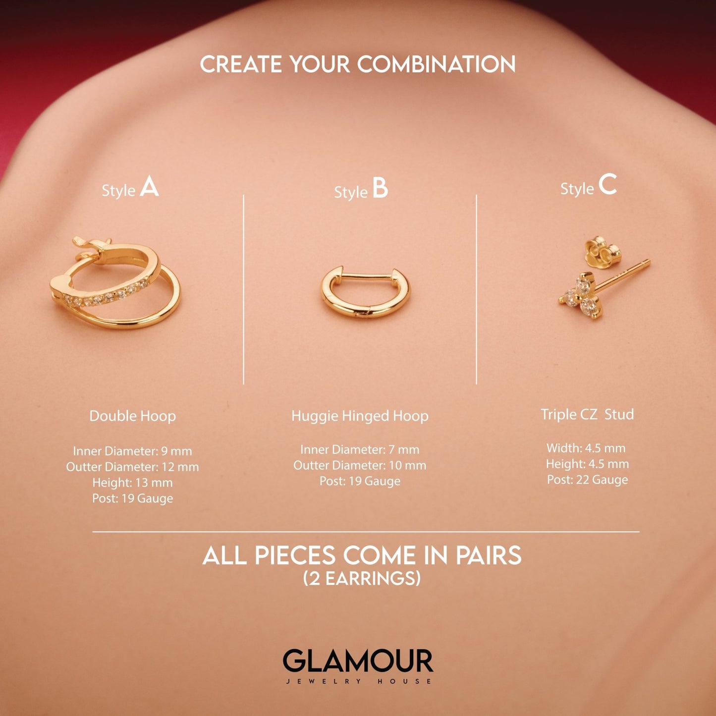 Macro detail of the Double Hoop Stud Earring Set showcasing craftsmanship in 18K Gold Vermeil. No green marks, handmade.